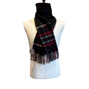 Charter Club Scarf Mens One Size Black Red Plaid 100% Cashmere Fringed FD547 NEW